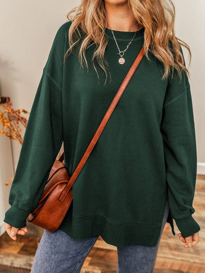 Green Drop Shoulder Split Hem Sweatshirt with Oversized Fit