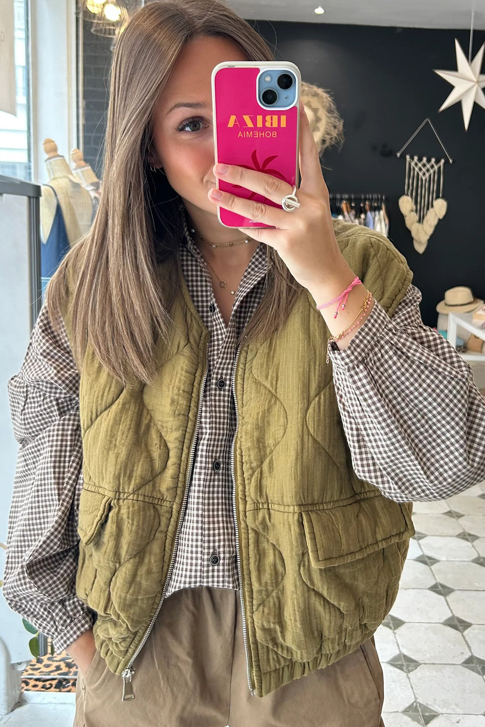 Sage Green Playful Quilted Zip Up Elastic Hem Vest