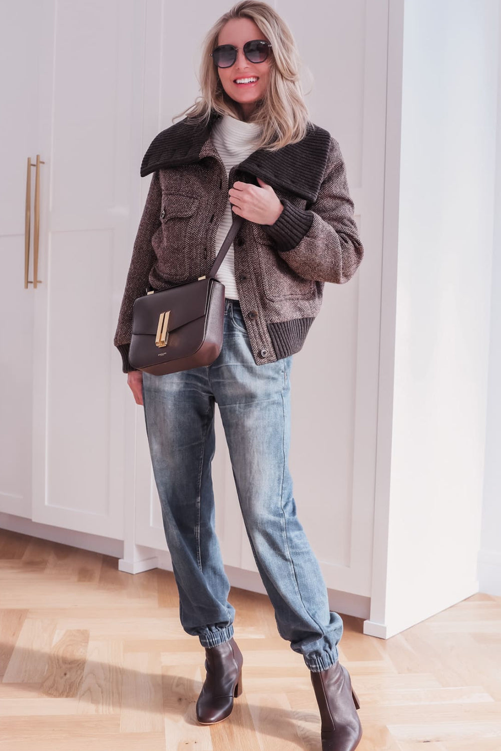 Dark Brown Mix Texture Ribbed Knit Patchwork Large Collar Jacket