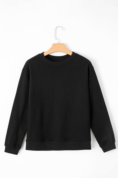 Black Solid Fleece Lined Drop Shoulder Terry Sweatshirt