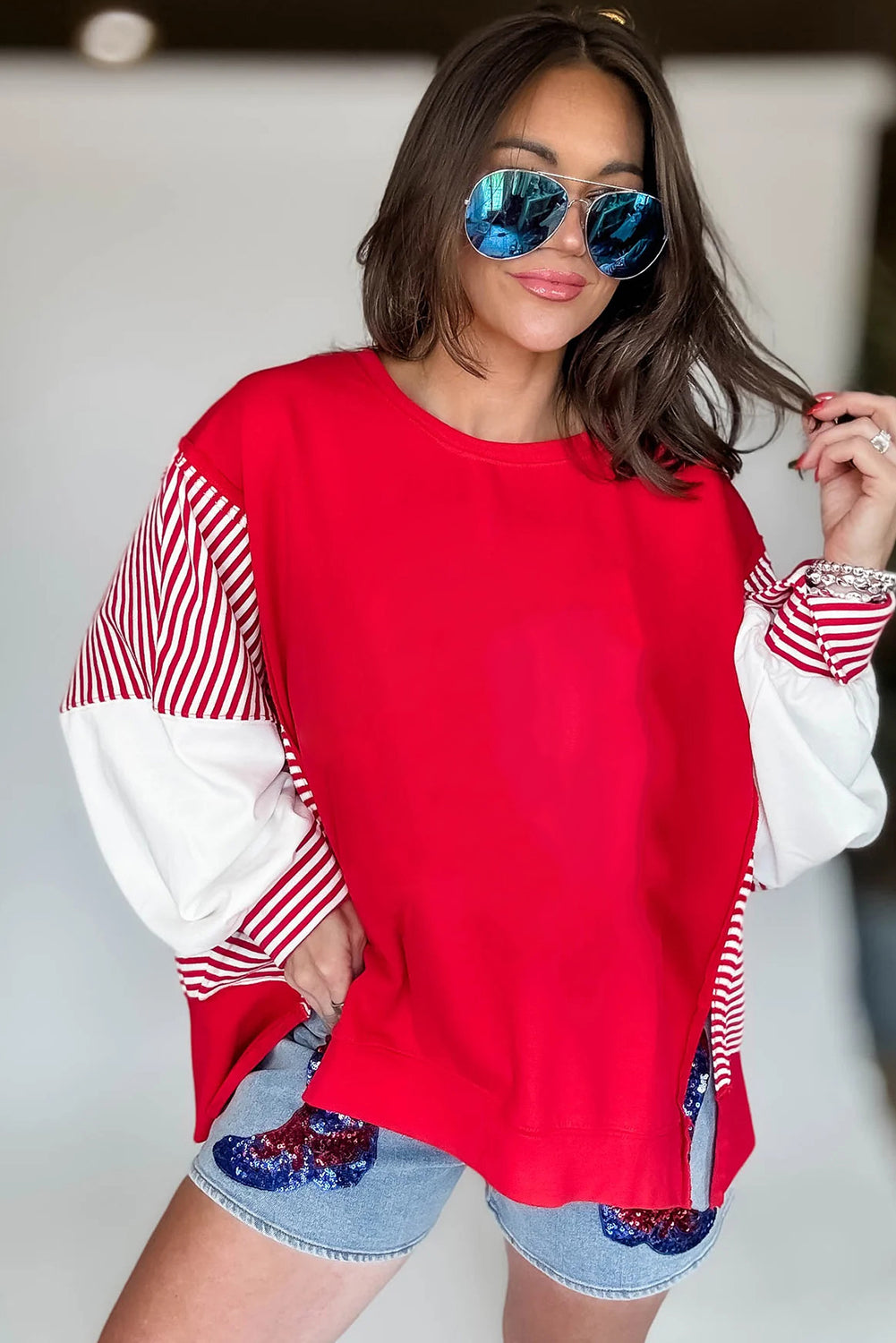 Fiery Red Striped Patchwork Sleeve Colorblock Sweatshirt