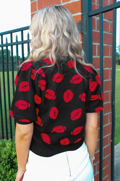 Black Rugby Print Casual Knit Short Sleeve Sweater