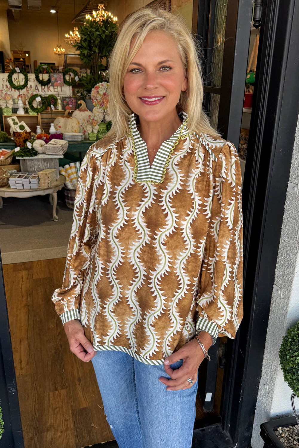 Brown Ethnic Floral Print Ricrac Trim Striped Split Neck Long Sleeve Blouse