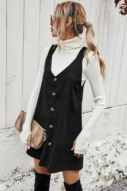 Black V Neck Button Front Sleeveless Corduroy Mini Dress