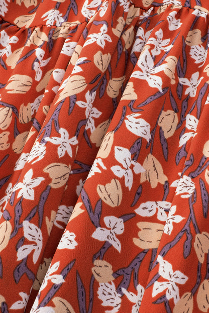 Elegant Gold Floral Square Neck Bubble Sleeve Plus Size Midi Dress