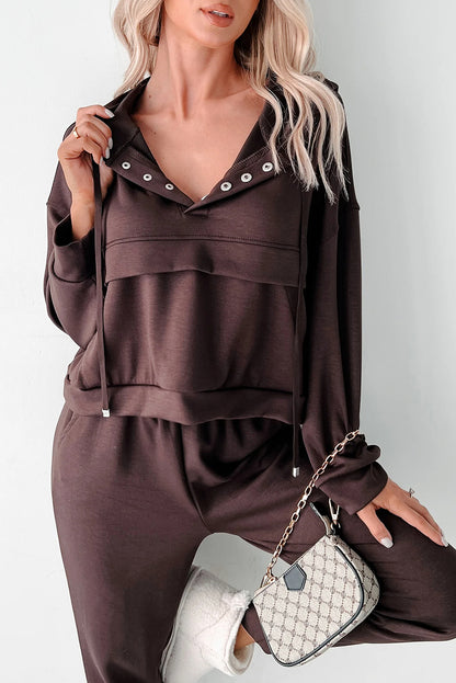 Chicory Coffee Button Drawstring Cropped Hoodie Sweatpants 2pcs Set