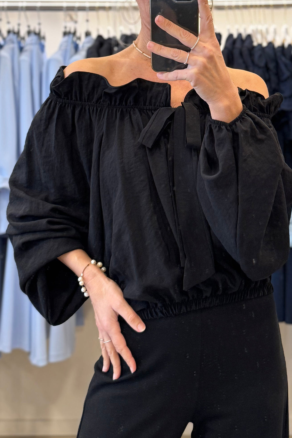 Black Knot Front Frilled Off Shoulder Long Sleeve Blouse