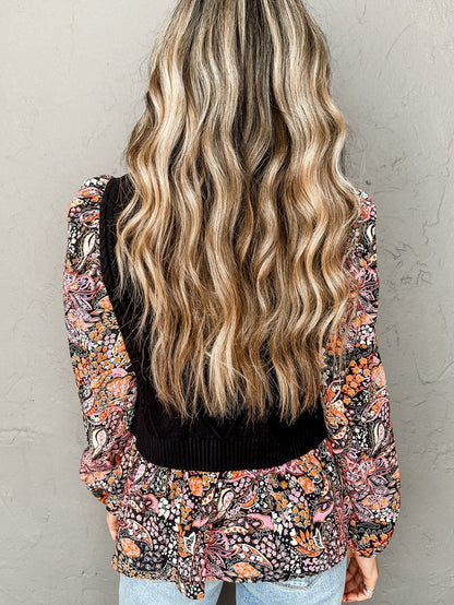 Graceful Black Floral Peplum Sweater with Ruffled Hem