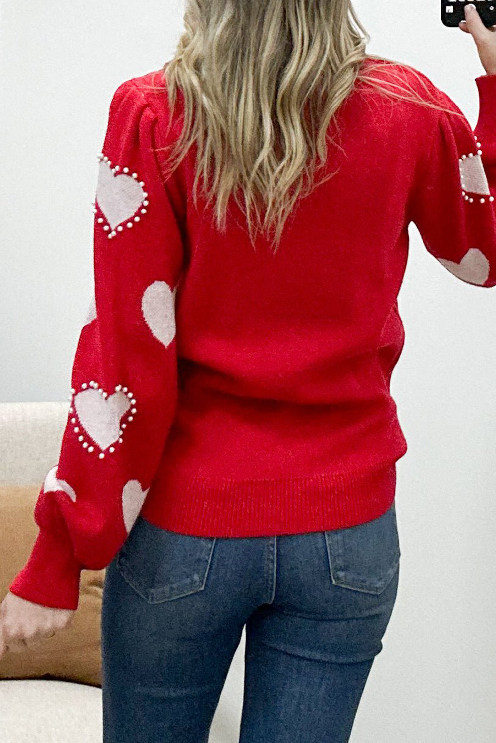 Racing Red Heart Print Sleeve Pearl Embellished Casual Sweater