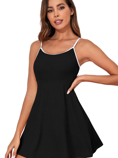 Sporty Black Ribbed Spaghetti Straps Swimdress with Flared Silhouette