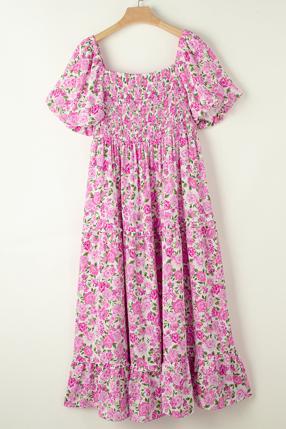 Elegant Pink Floral Smocked Puff Sleeve Maxi Dress
