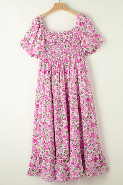 Elegant Pink Floral Smocked Puff Sleeve Maxi Dress