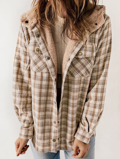 Khaki Checkered Sherpa-Lined Hooded Shacket