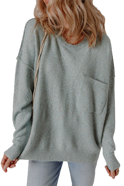 Smoke Green Confetti Knit Ribbed Trim Drop Shoulder Baggy Sweater