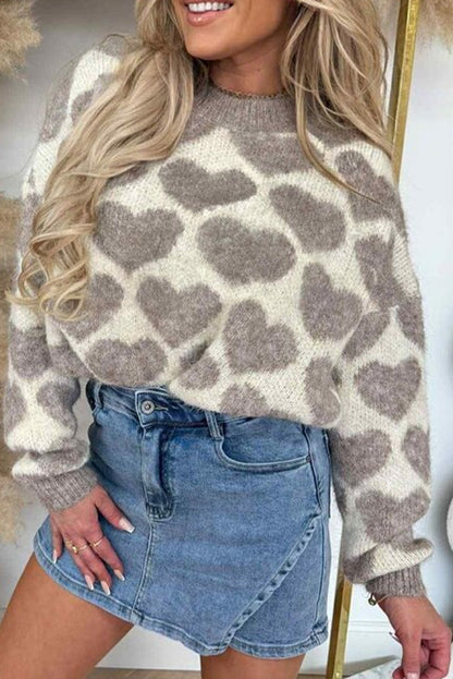 Goat Heart Valentine Pattern Mock Neck Baggy Sweater