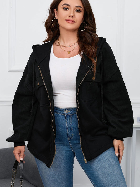 Black Plus Size Bishop Sleeve Zip Up Hooded Jacket