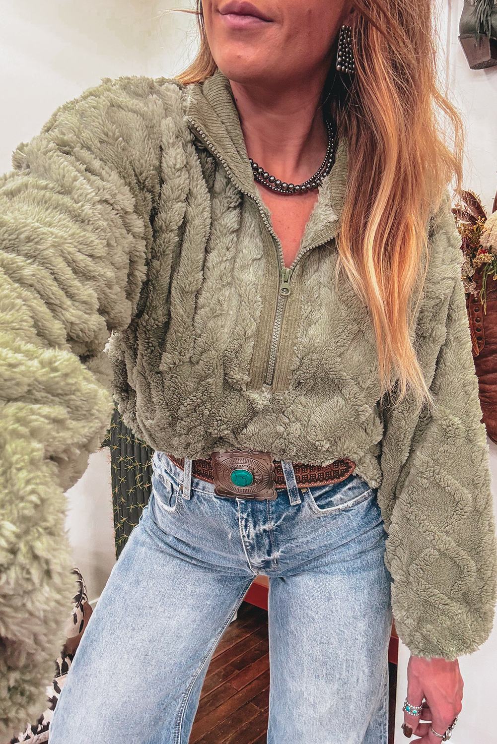 Laurel Green Textured Plush Half Zip Stand Neck Sweatshirt