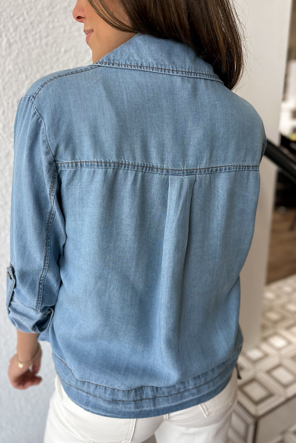 Dusk Blue Full Zipper Collared Drawstring Hem Tab Sleeve Denim Jacket