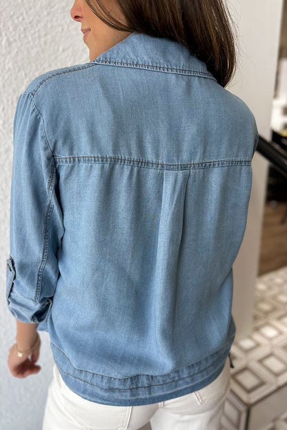 Dusk Blue Full Zipper Collared Drawstring Hem Tab Sleeve Denim Jacket