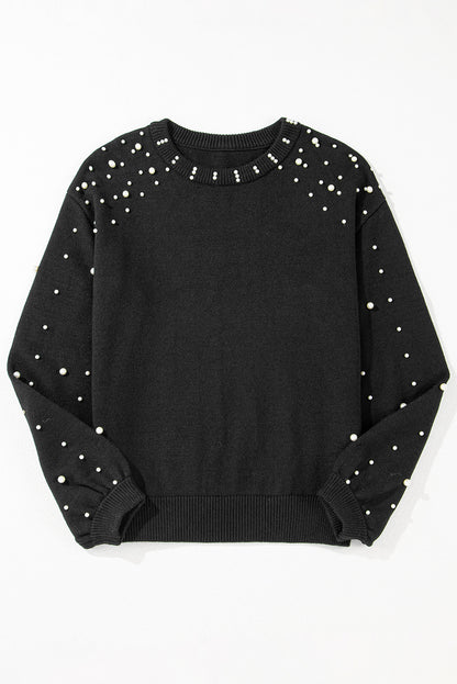 Black Pearled Drop Shoulder Round Neck Sweater