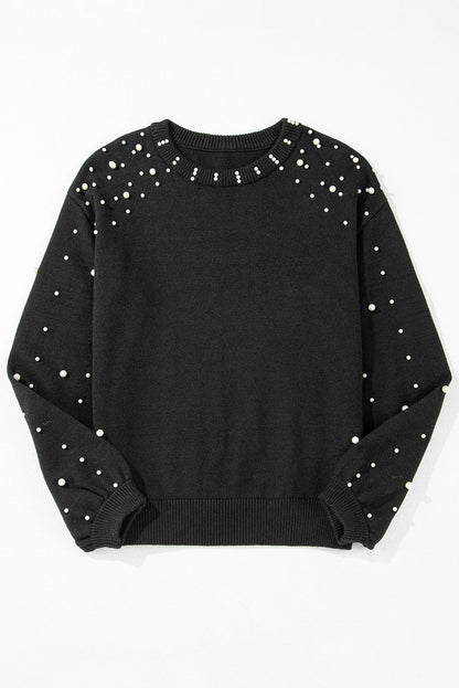 Black Pearled Drop Shoulder Round Neck Sweater