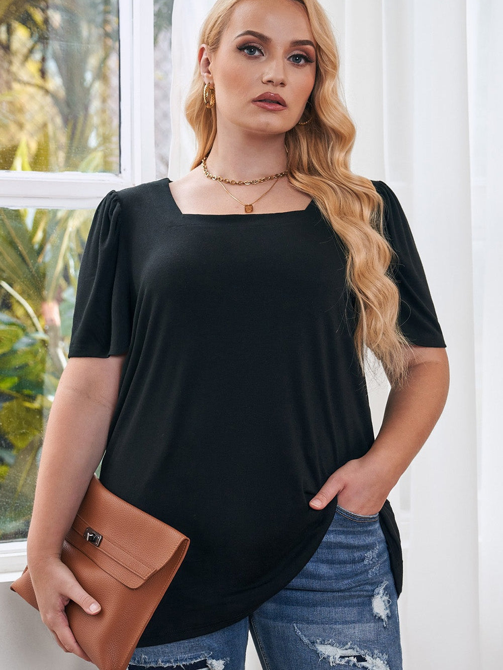 Black Plus Size Square Neck Ruched Shoulder Short Sleeve Top