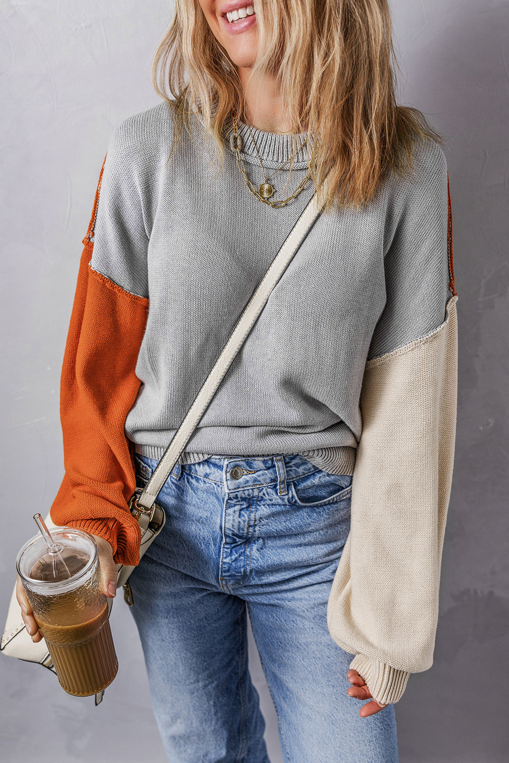 Elegant Grey Patchwork Bishop Sleeve Knit Sweater