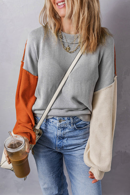 Elegant Grey Patchwork Bishop Sleeve Knit Sweater