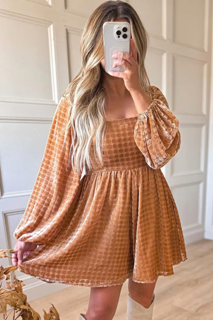 Grapefruit Orange Polka Dot Velvet Square Neck Long Sleeve Flared Romper