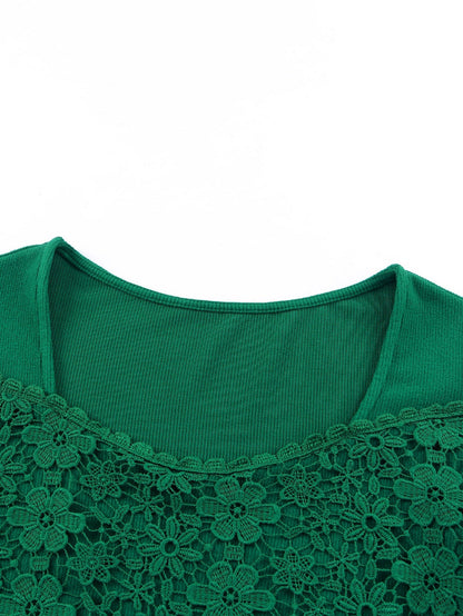 Green Floral Lace V Neck Long Sleeve Top