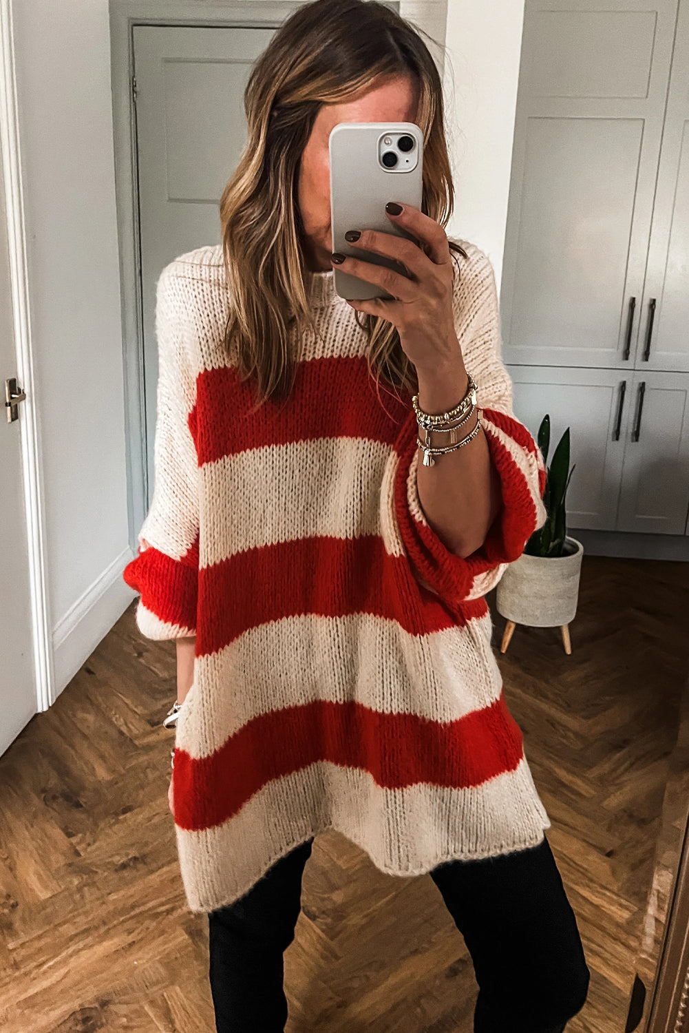 Red Stripe High Neck Oversized Knit Tunic Sweater