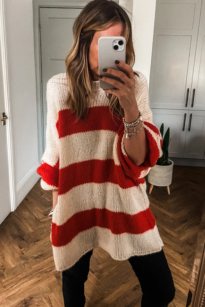 Red Stripe High Neck Oversized Knit Tunic Sweater
