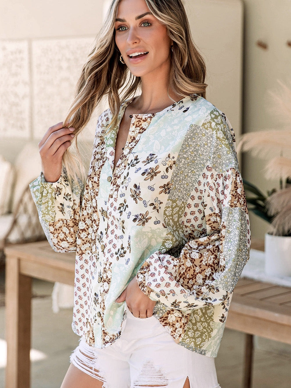 Floral Patchwork Print V-Neck Long Sleeve Blouse