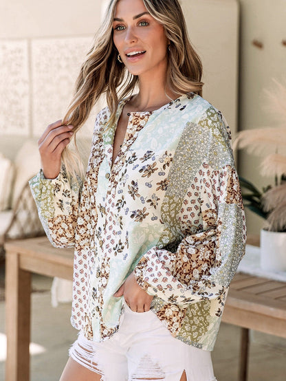 Floral Patchwork Print V-Neck Long Sleeve Blouse