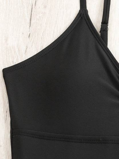 Elegant Black Metal Embellished One-Piece Swimsuit with Spaghetti Straps