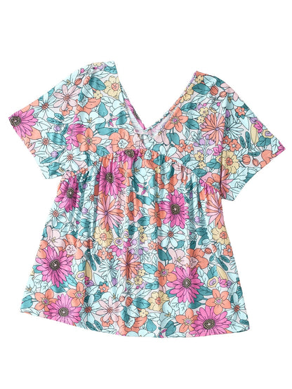 Summer Blossom V Neck Plus Size Blouse for Women