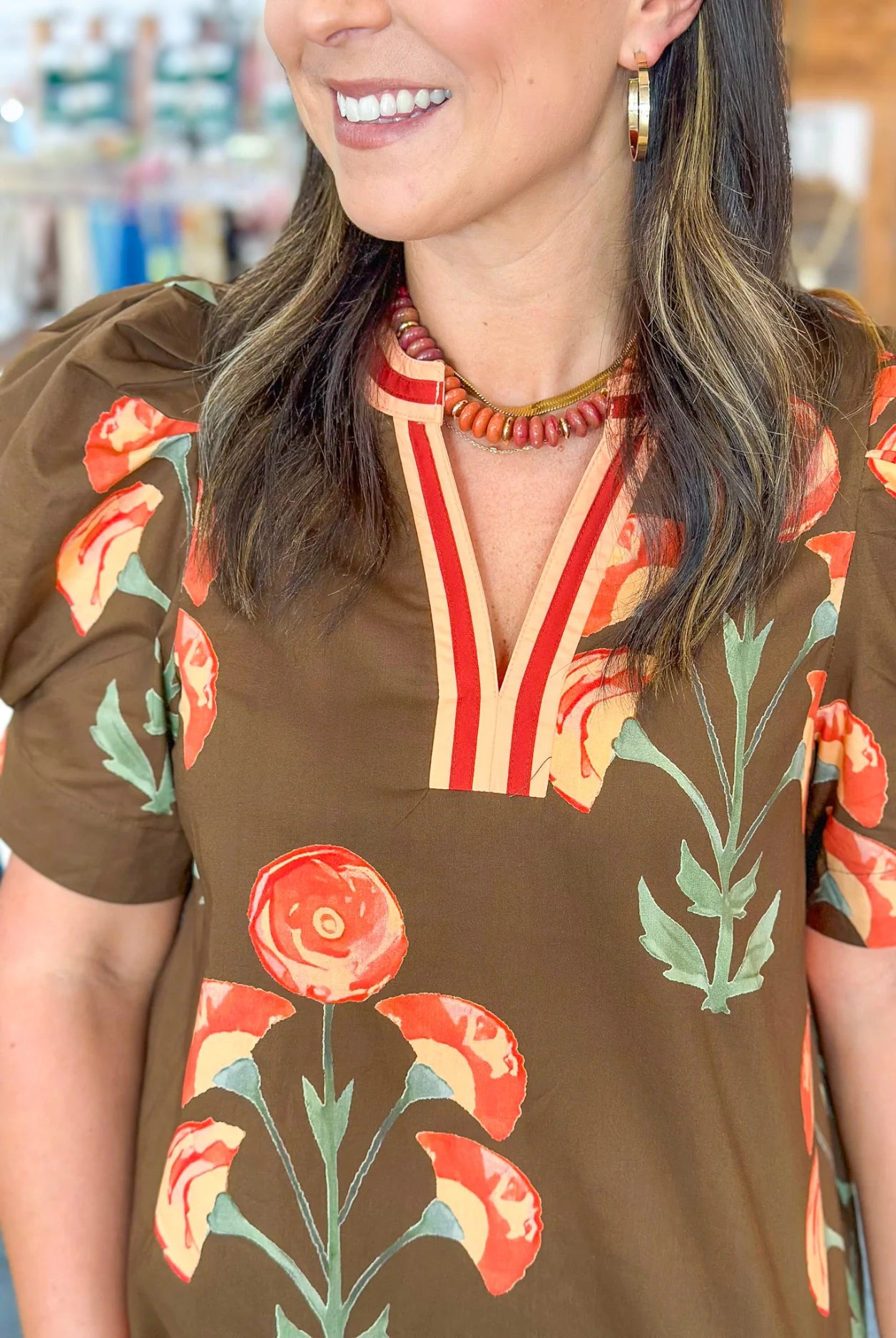 Brown Floral Print Short Puff Sleeve Contrasted Striped V Neck Blouse