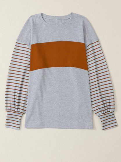 Elegant Grey Striped Bishop Sleeve Top