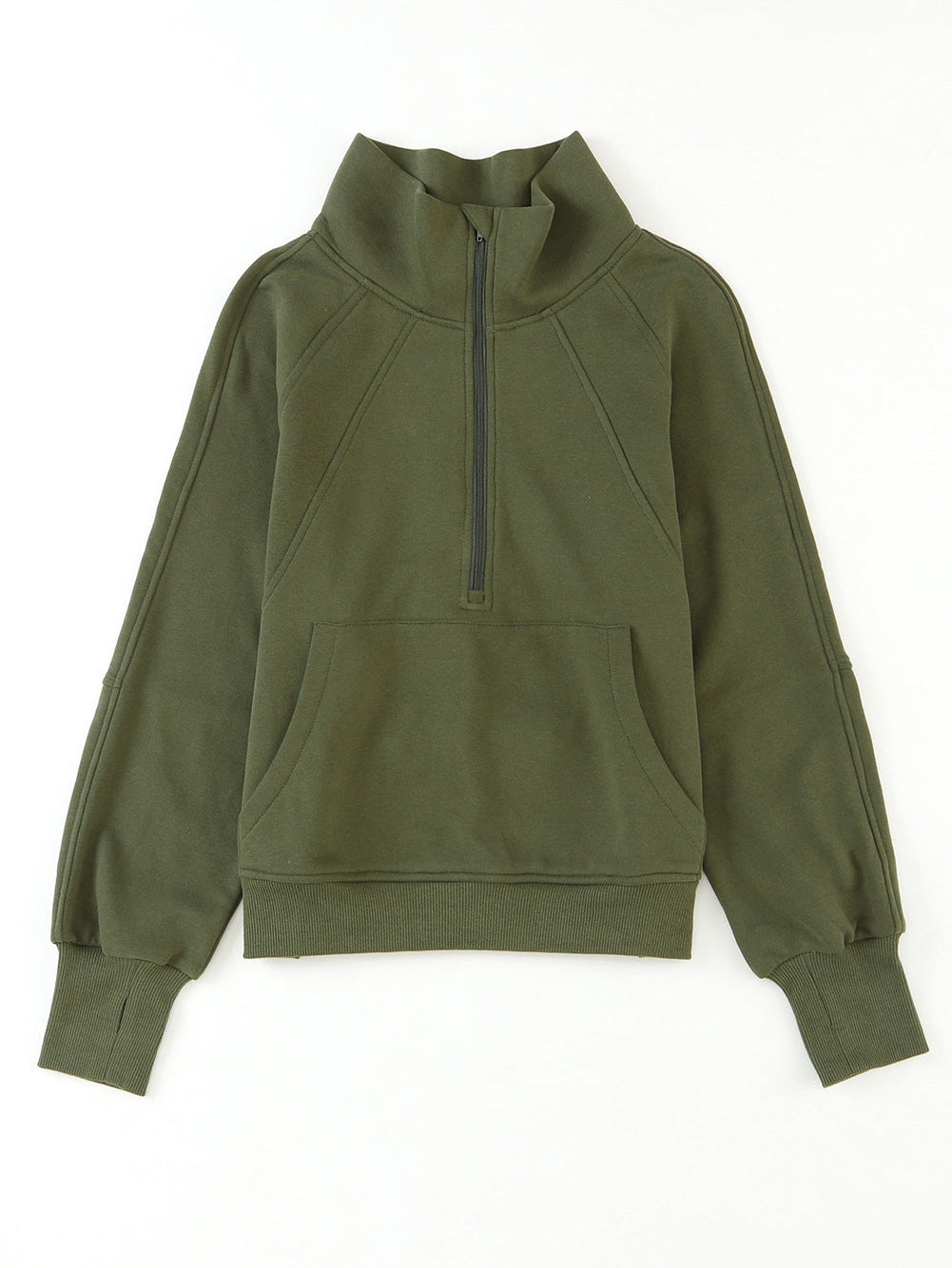 Green Ribbed Stand Collar Thumbhole Sleeve Casual Sweatshirt with Zipper