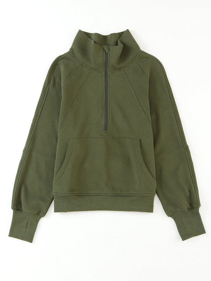 Green Ribbed Stand Collar Thumbhole Sleeve Casual Sweatshirt with Zipper