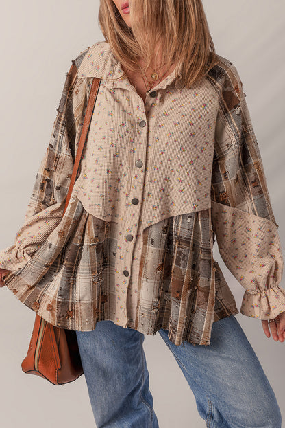 Oatmeal Boho Floral Plaid Patchwork Distressed Detail Ruffled Sleeve Waffle Knit Shacket