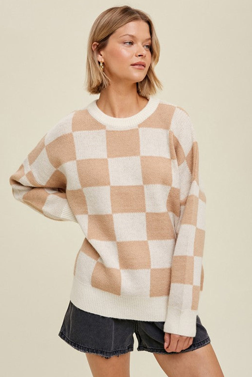 Parchment Ribbed Trim Checkered Pattern Knit Baggy Sweater