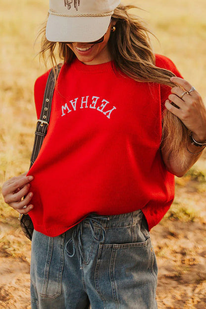 Fiery Red YEEHAW Embroidered Letter Loose Short Sleeve Sweater