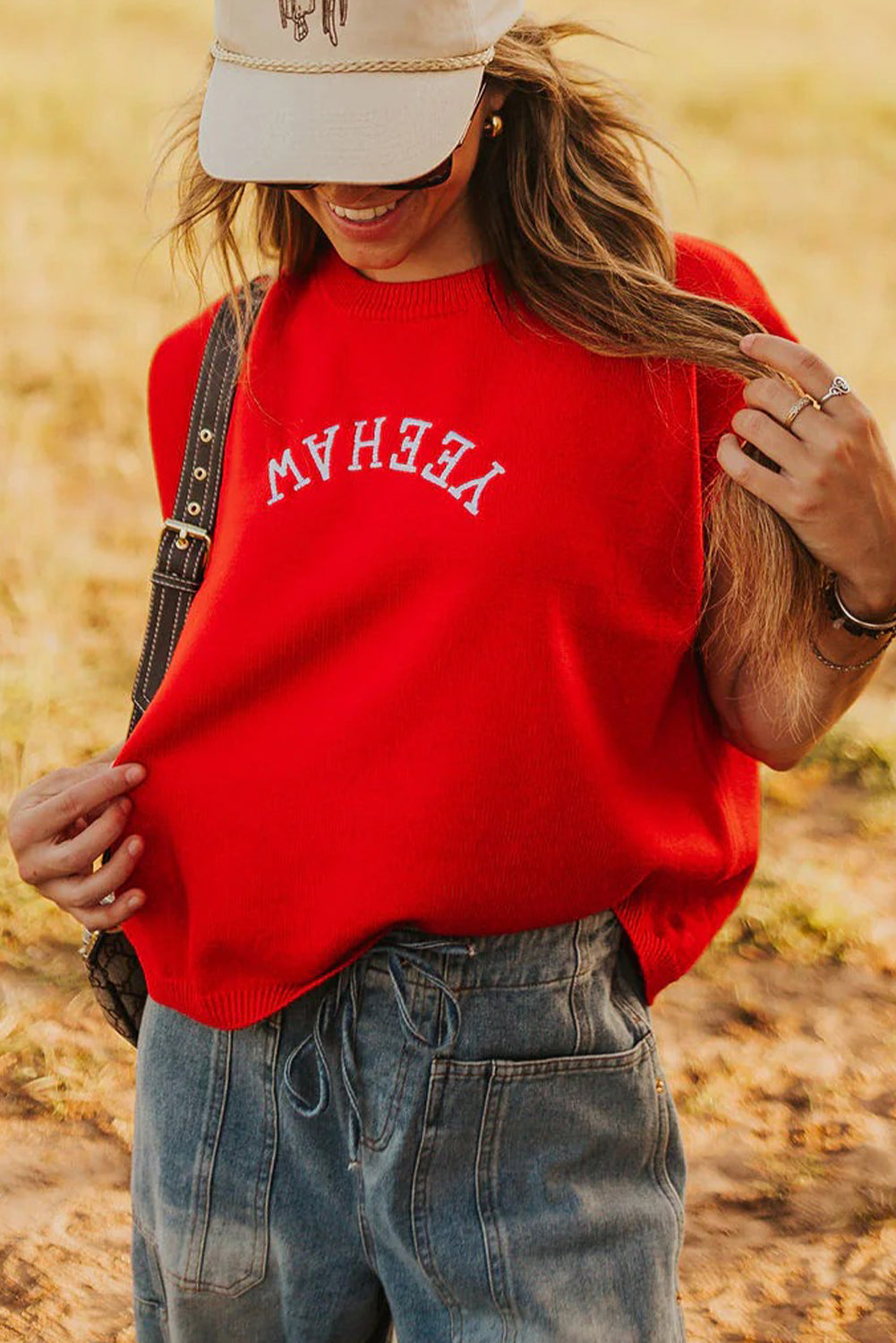 Fiery Red YEEHAW Embroidered Letter Loose Short Sleeve Sweater