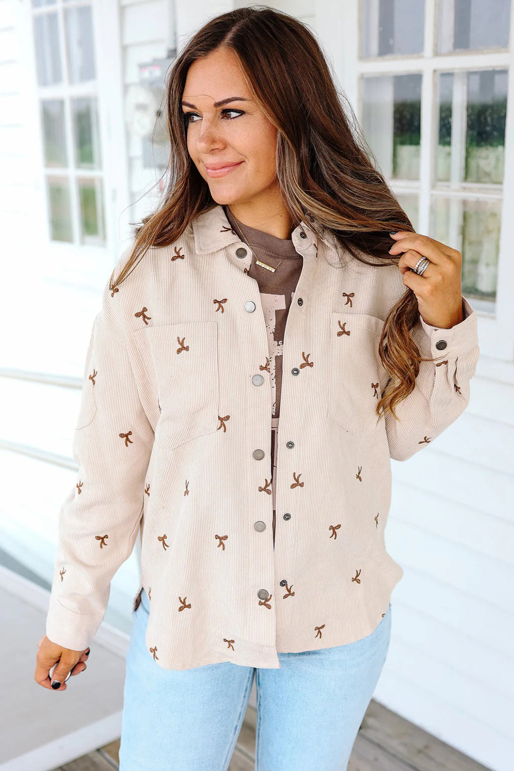 Jet Stream Tiny Bow Embroidered Button Down Corduroy Shacket