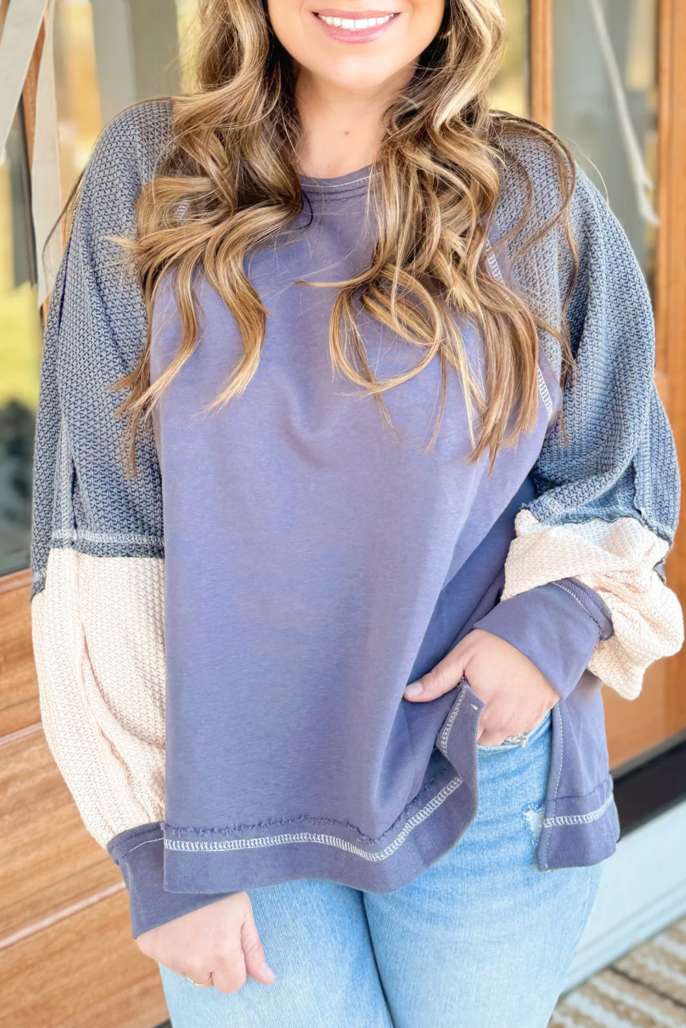 clove Exposed Seam Color Block Contrast Textured Patchwork Top