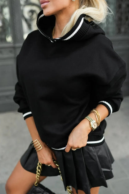 Black Varsity Stripes Ribbed Detail Preppy Casual Hoodie