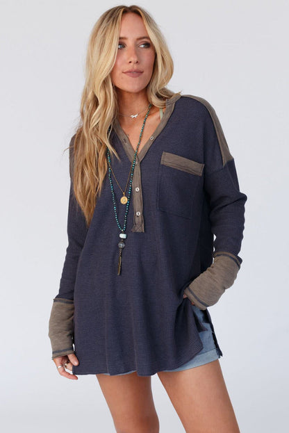 Dark Blue Contrast Trim Half Button Thermal Top