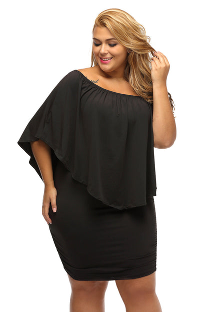 Elegant Black Layered Poncho Mini Dress for Plus Size Women