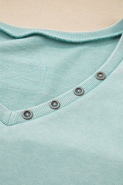 Mist Blue Mineral Wash Exposed Seam Buttoned V Neck Pullover Top